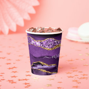 Purple Gold Glitter Paper Cups Custom Name Text