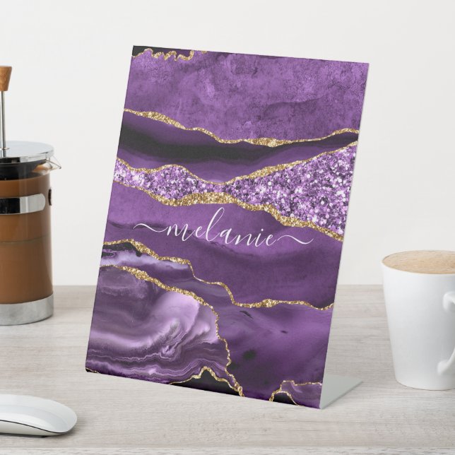 Purple Gold Glitter Pedestal Sign with Custom Name (In SItu)