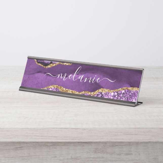 Purple Gold Glitter Personalized Custom Name Desk Name Plate (Front)