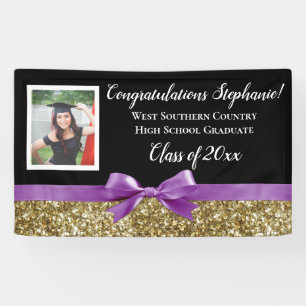 Purple Gold Glitter Photo Graduation Banner Sign