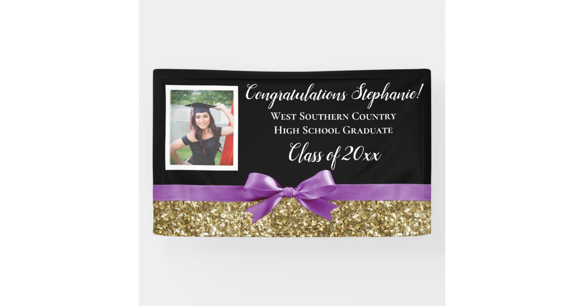 Purple Gold Glitter Photo Graduation Banner Sign | Zazzle