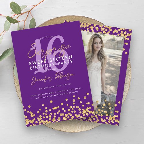 Purple Gold Glitter Photo Surprise Sweet 16  Invitation