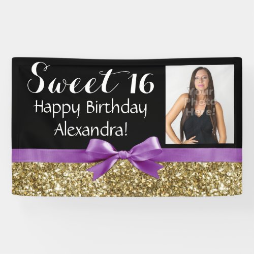 Purple Gold Glitter Photo Sweet 16 Birthday Party Banner