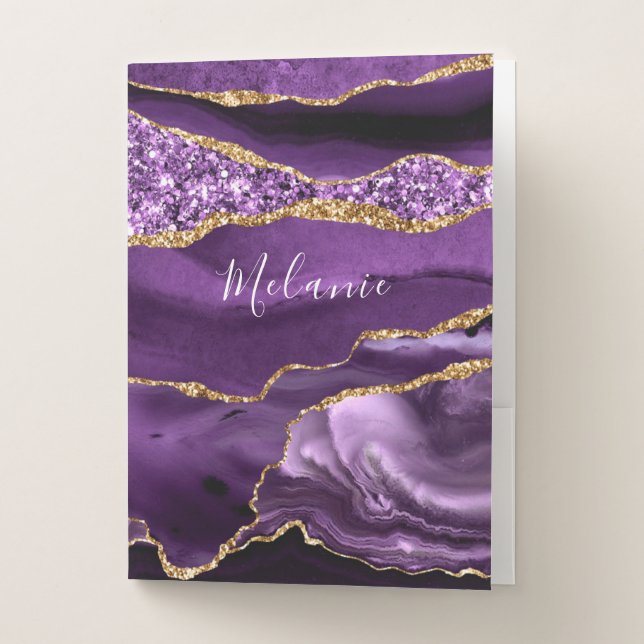 Purple Gold Glitter Pocket Folder with Custom Name (Front)