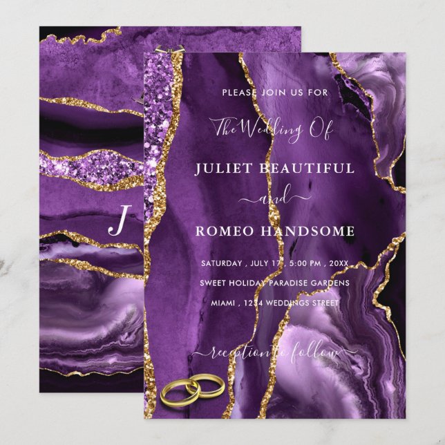 Purple Gold Glitter Rings Wedding Invitation (Front/Back)