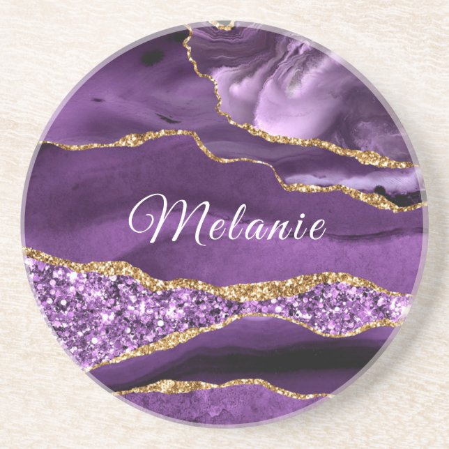 Purple Gold Glitter Round Coaster with Custom Name (Front)