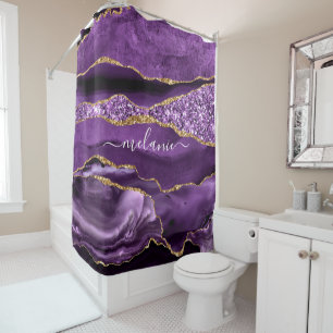 Purple Gold Glitter Shower Curtain Custom Name