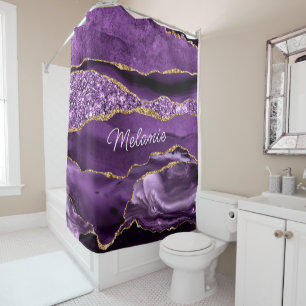 Purple Gold Glitter Shower Curtain Custom Name