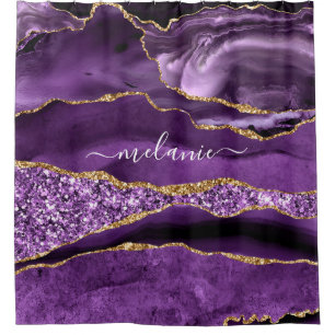 Purple Gold Glitter Shower Curtain with Your Name