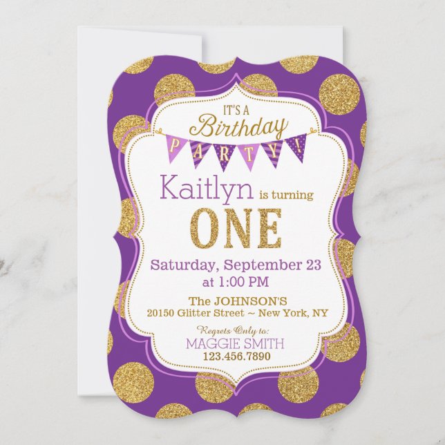 Purple Gold Glitter Sparkle First Birthday Invite (Front)