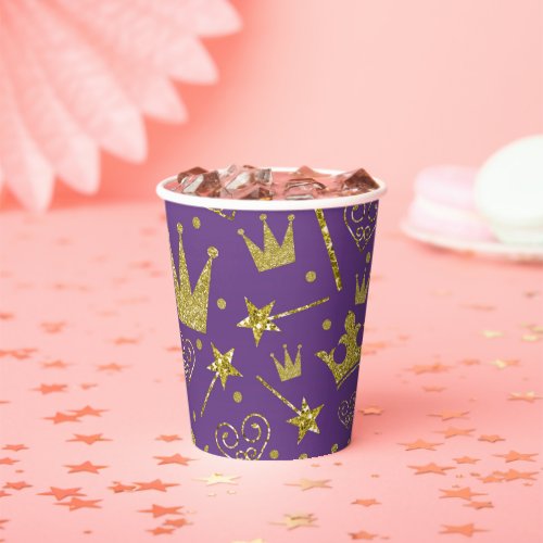 Purple  Gold Glitter Sparkle Princess Birthday Paper Cups