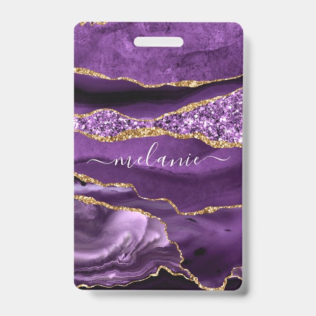 Purple Gold Glitter Sparkly Badge with Custom Name (Front)