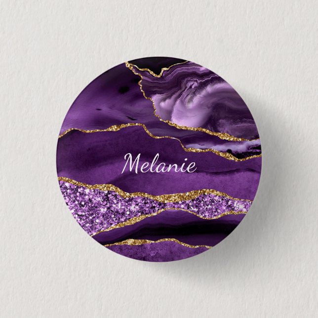 Purple Gold Glitter Sparkly Button and Custom Name (Front)