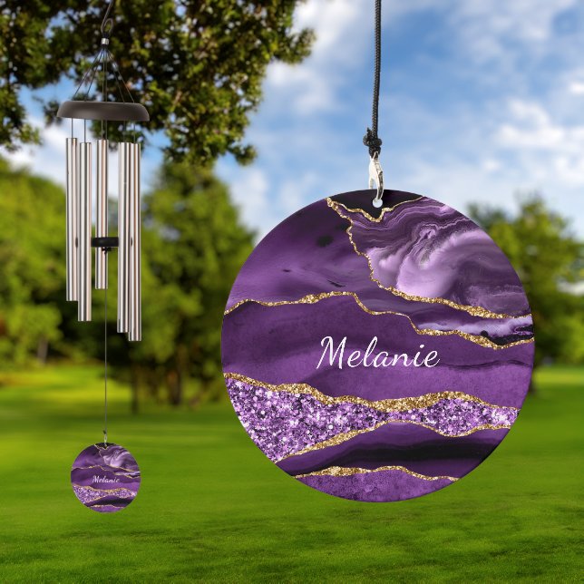 Purple Gold Glitter Sparkly Marble Custom Name Wind Chime (Outdoor)