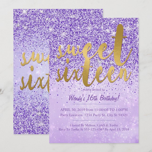 Purple & Gold Glitter Sweet 16 Party Invitations (Front/Back)