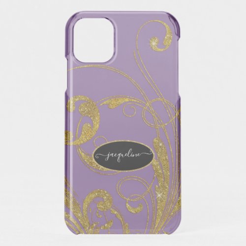 Purple Gold Glitter Swirl Script Typography Name iPhone 11 Case