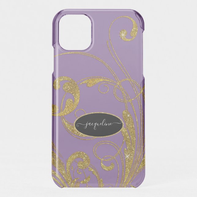 Purple Gold Glitter Swirl Script Typography Name Uncommon iPhone Case (Back)