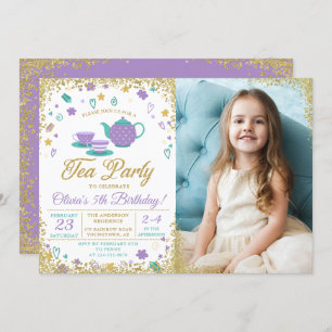 Purple Gold Glitter Tea Party Girls Birthday Photo Invitation