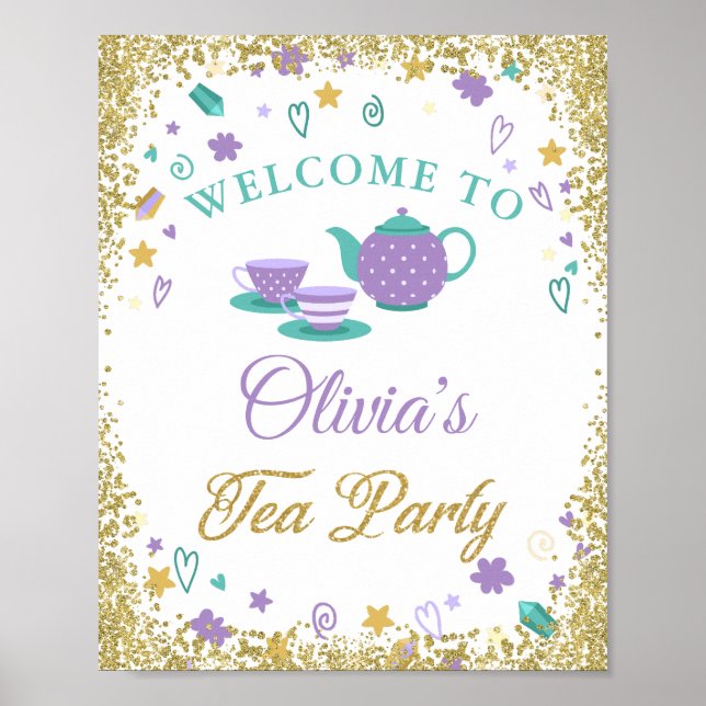 Purple Gold Glitter Tea Party Welcome Sign (Front)