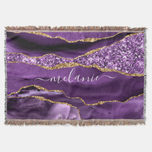 Purple Gold Glitter Throw Blanket Personalize Name