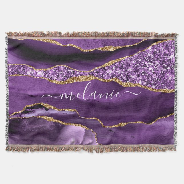Purple Gold Glitter Throw Blanket Personalize Name (Front)