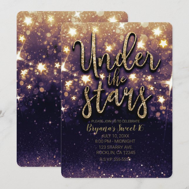 Purple Gold Glitter Under the Stars Party Invitation (Front/Back)