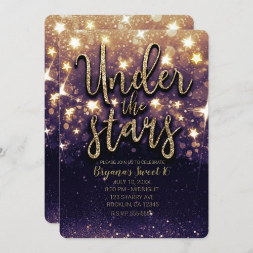 Purple Gold Glitter Under the Stars Party Invitation