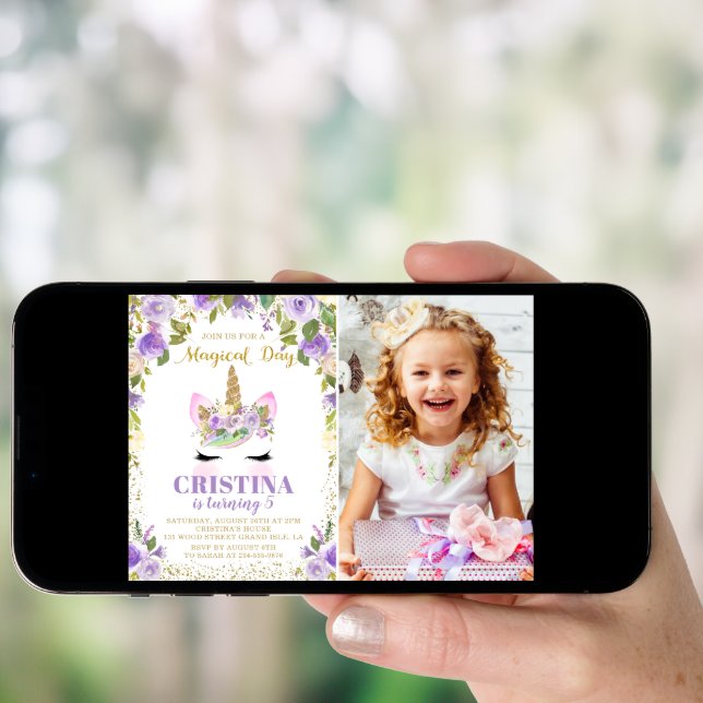 Purple Gold Glitter Unicorn Floral Photo Birthday Invitation (Front Digital)