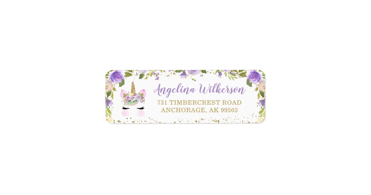 Purple Gold Glitter Unicorn Floral Return Address Label | Zazzle
