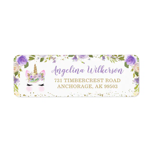 Purple Gold Glitter Unicorn Floral Return Address Label | Zazzle