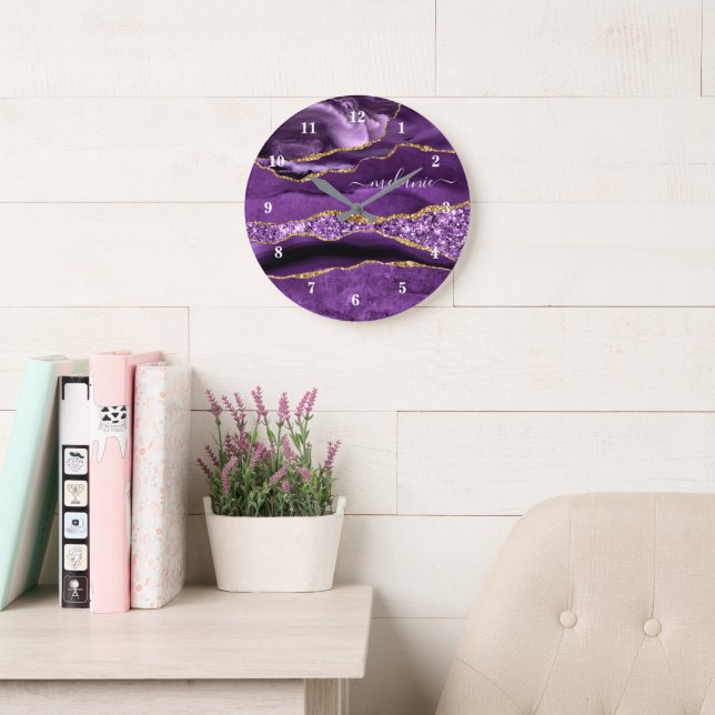 Purple Gold Glitter Wall Clock Personalized Name (Reading Room)