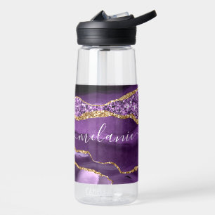 Purple Gold Glitter Water Bottle Personalized Name