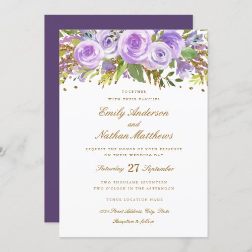 Purple Gold Glitter Watercolor Floral Rose Wedding Invitation