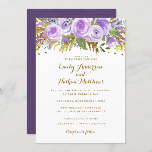 Purple Gold Glitter Watercolor Floral Wedding Invitation