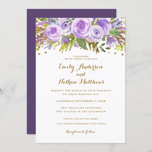 Purple Gold Glitter Watercolor Floral Wedding Invitation