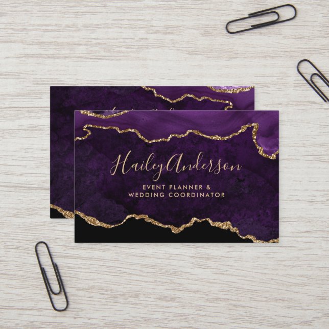 Purple & Gold Glitter Watercolor Gilded Agate Business Card (Front/Back In Situ)