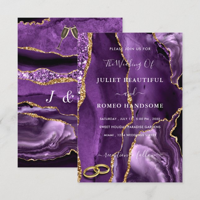 Purple Gold Glitter Wedding Invitations Example (Front/Back)
