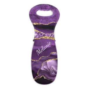 Purple Gold Glitter Wine Tote Bag with Custom Name