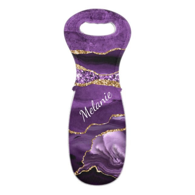 Purple Gold Glitter Wine Tote Bag with Custom Name (Back Flat)