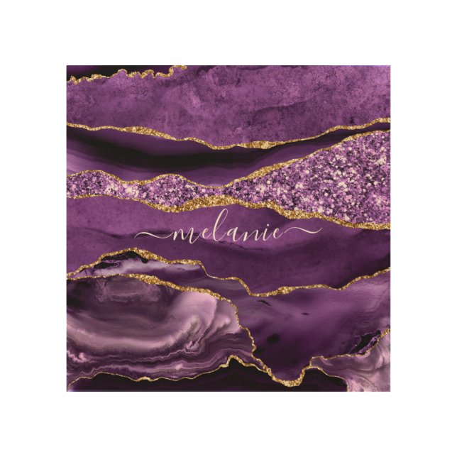 Purple Gold Glitter Wood Wall Art with Custom Name (Front)