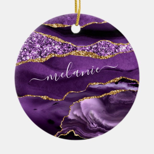 Purple Gold Glitter Your Name Christmas Ornament (Front)