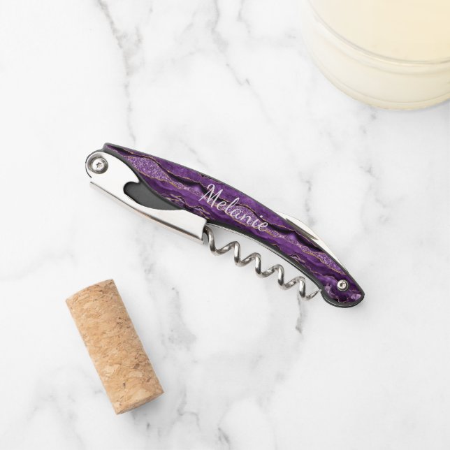 Purple Gold Glitter Your Name Waiter's Corkscrew (Front)