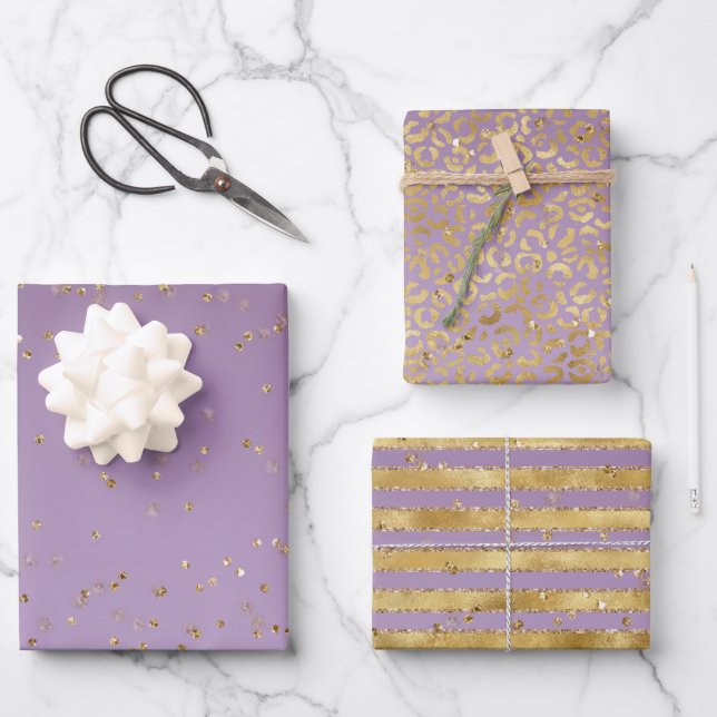Purple Gold Glitz Sparkle Stripes Leopard      Wrapping Paper Sheets (Front)