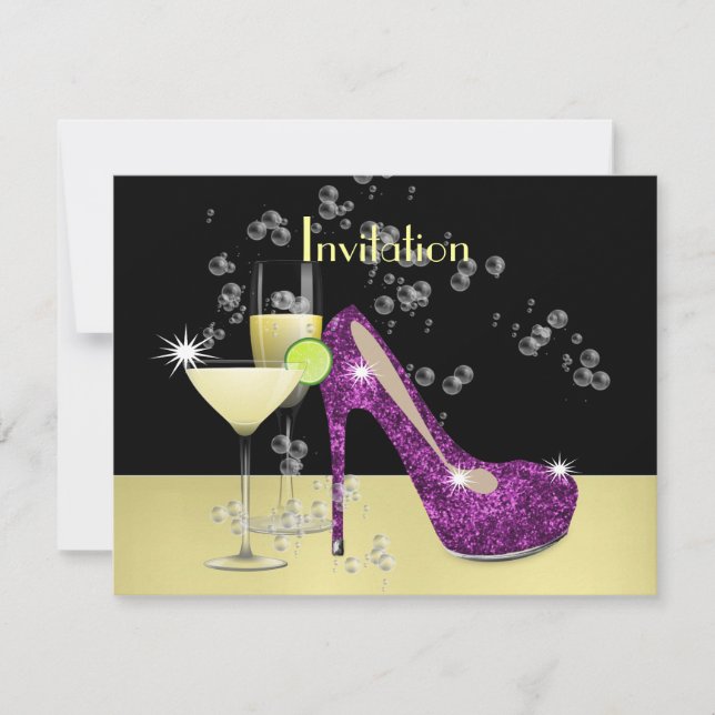 Purple Gold Glitzy Girly Bubbly Shoe Invitation (Front)