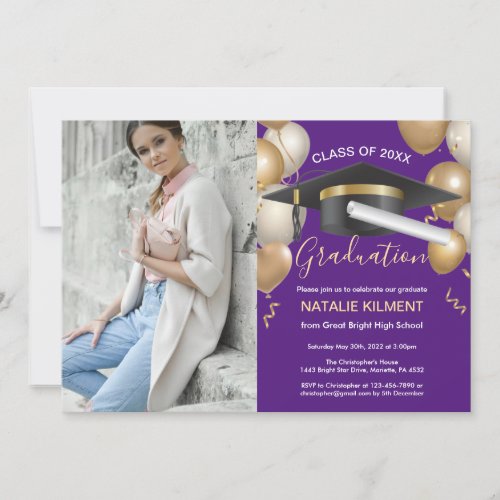 Purple  Gold Graduate Cap Graduation Party Photo Invitation