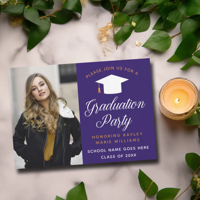 Purple Gold Graduate Photo 2024 Graduation Party Invitation | Zazzle