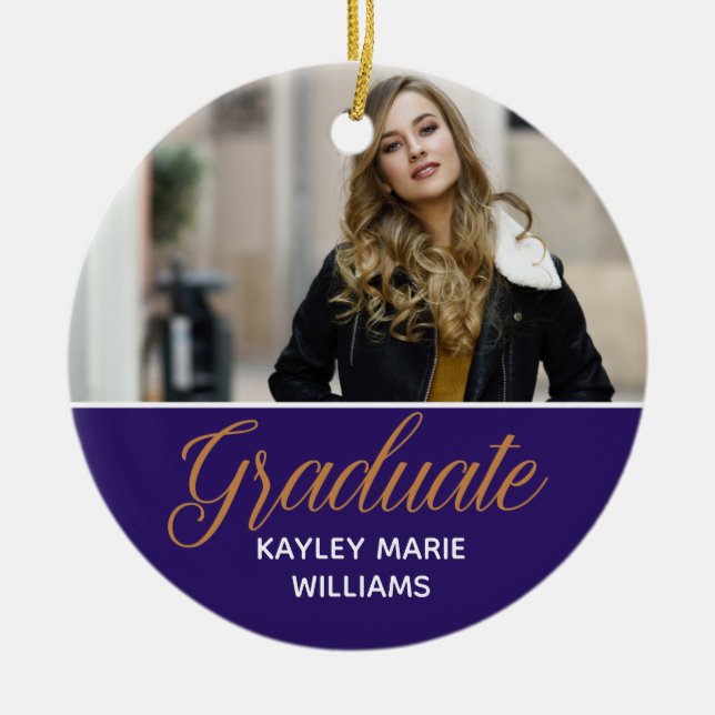 Purple Gold Graduate Photo Graduation Christmas Ceramic Ornament (Front)