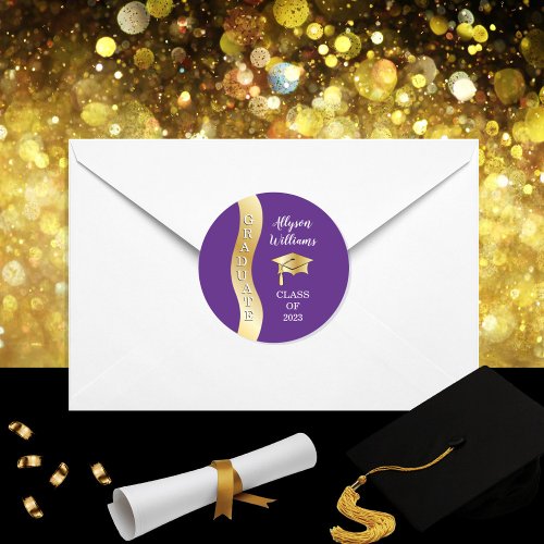 Purple  Gold Graduate Wave Grad Cap Classic Round Sticker