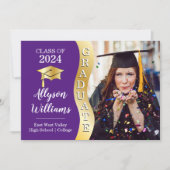 Purple | Gold Graduate Wave Grad Cap Photo Announcement (Front)