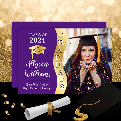 Purple  Gold Graduate Wave Grad Cap Photo Announcement